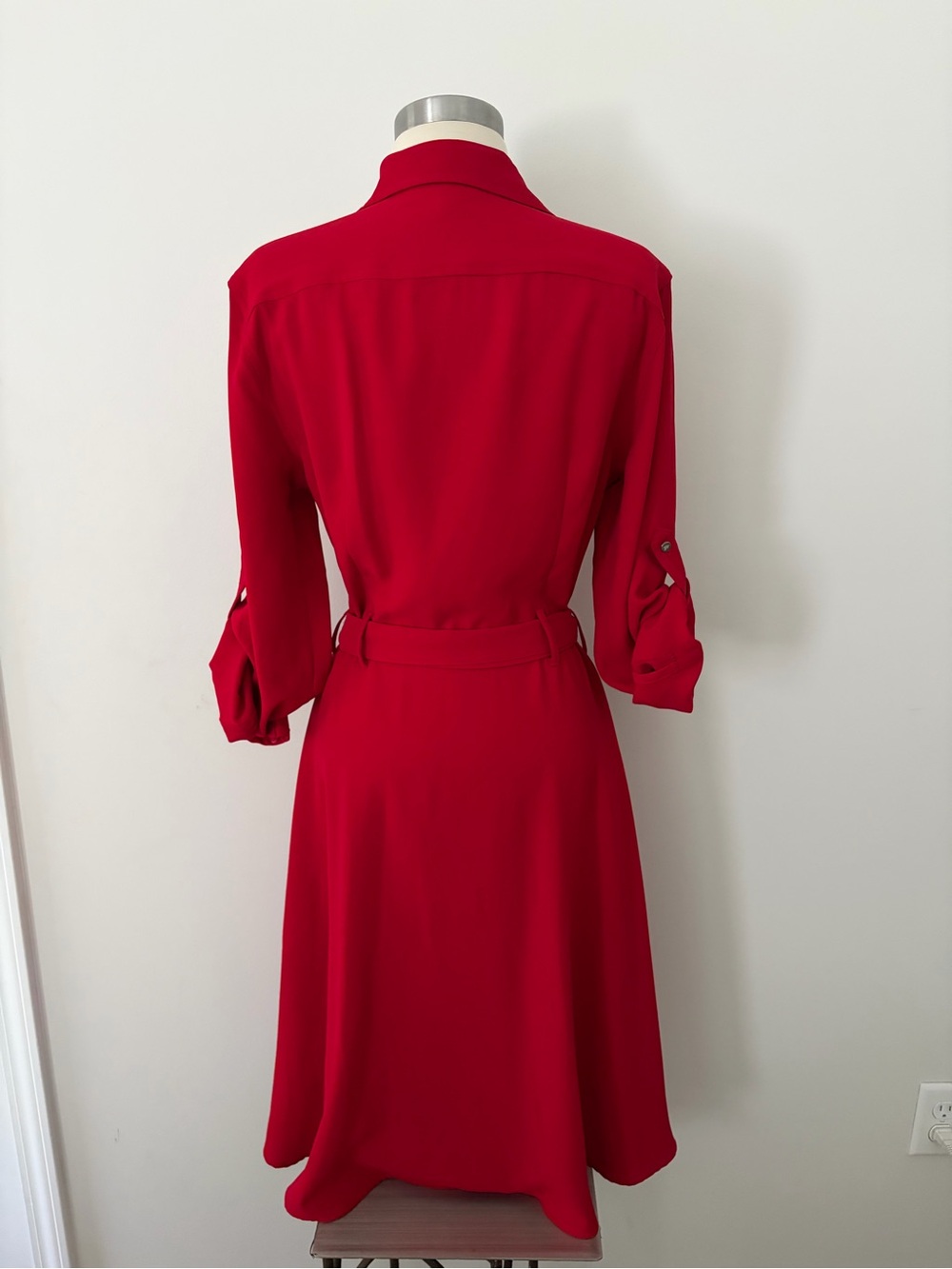 LRL Crimson Red Button-Front Midi Georgette Shirt Dress Tie Waist 6 Quiet Luxury - Picture 6 of 8